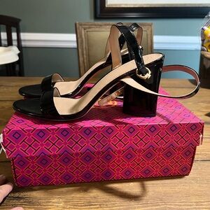 Tory Burch black Elizabeth sandal heels.